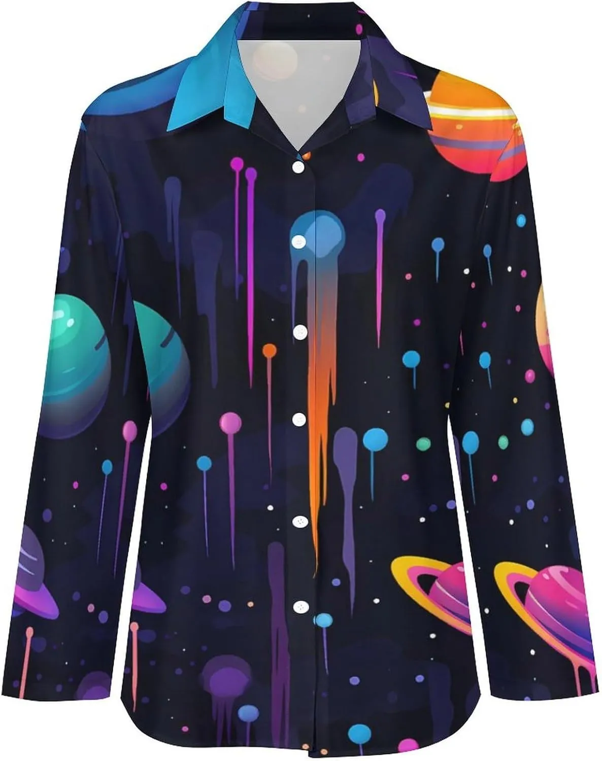 Galaxy Outer Space Womens Shirts Long Sleeve Button Down Blouse Casual T-Shirt Tops