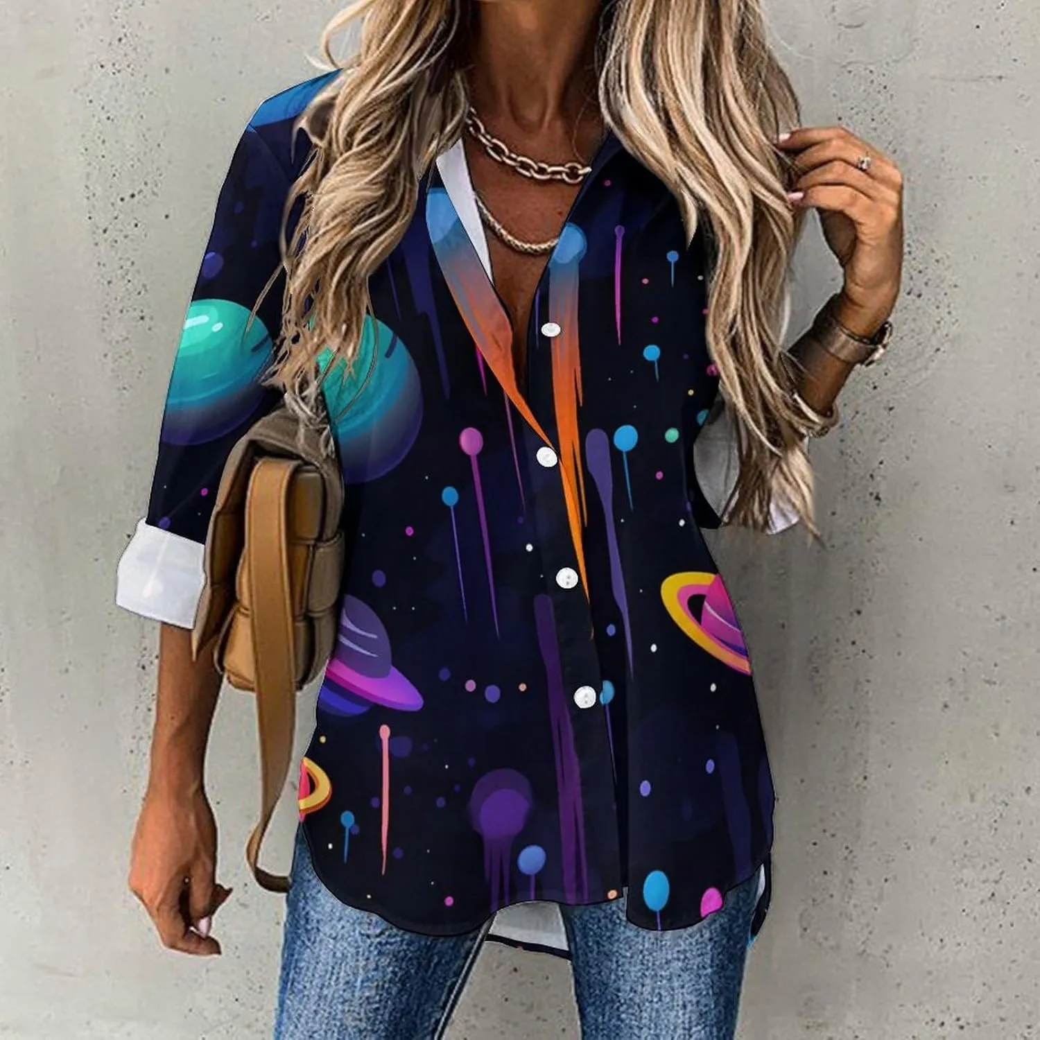Galaxy Outer Space Womens Shirts Long Sleeve Button Down Blouse Casual T-Shirt Tops