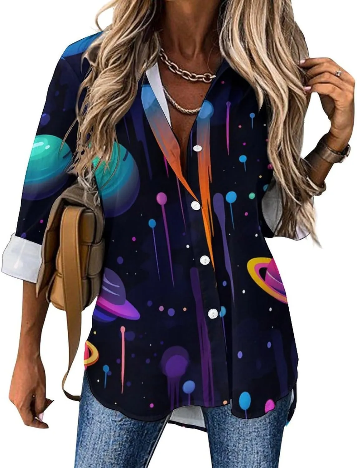Galaxy Outer Space Womens Shirts Long Sleeve Button Down Blouse Casual T-Shirt Tops