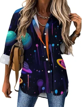 Galaxy Outer Space Womens Shirts Long Sleeve Button Down Blouse Casual T-Shirt Tops
