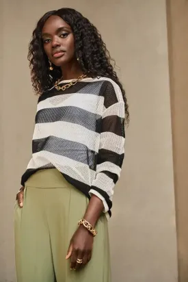 Joseph Ribkoff Ladies Vanilla/Black Striped Sweater Knit Pullover