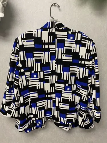Kasper Black, Blue and White Abstract Design Open Front Blazer Size 16