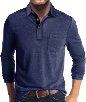 Men Fall Winter Polo Shirts Long Sleeved Flip Collar Tops Pocket Button V Neck T Shirts Golf Casual Sports Tops