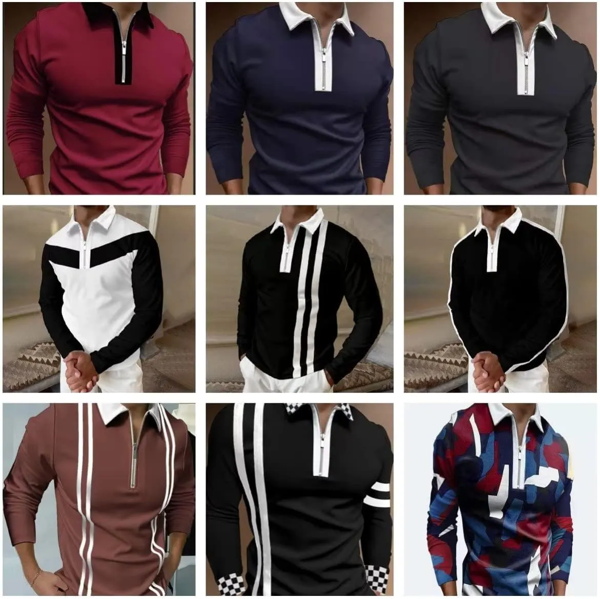 Men's Fashion Polo Shirts Casual V Neck Long Sleeve Zip Golf Shirts Muscle/Business Color Block Tops