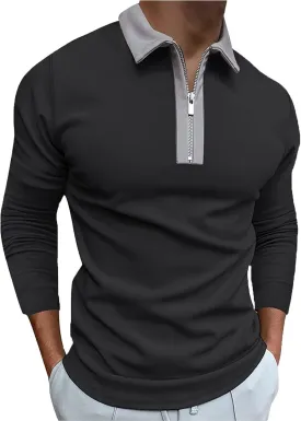 Men's Fashion Polo Shirts Casual V Neck Long Sleeve Zip Golf Shirts Muscle/Business Color Block Tops