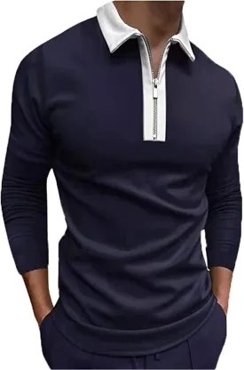 Men's Fashion Polo Shirts Casual V Neck Long Sleeve Zip Golf Shirts Muscle/Business Color Block Tops