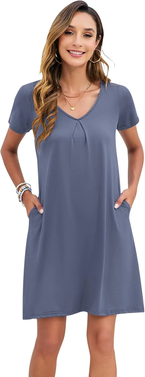 PLOKNRD Women's Casual Dress T-Shirt Summer Short Sleeve V Neck Chest Pleats Swing Dresses with Pockets 2025