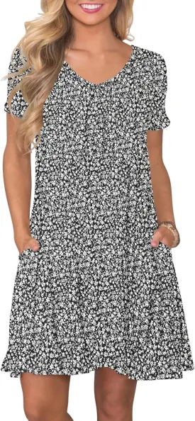 PLOKNRD Women's Casual Dress T-Shirt Summer Short Sleeve V Neck Chest Pleats Swing Dresses with Pockets 2025