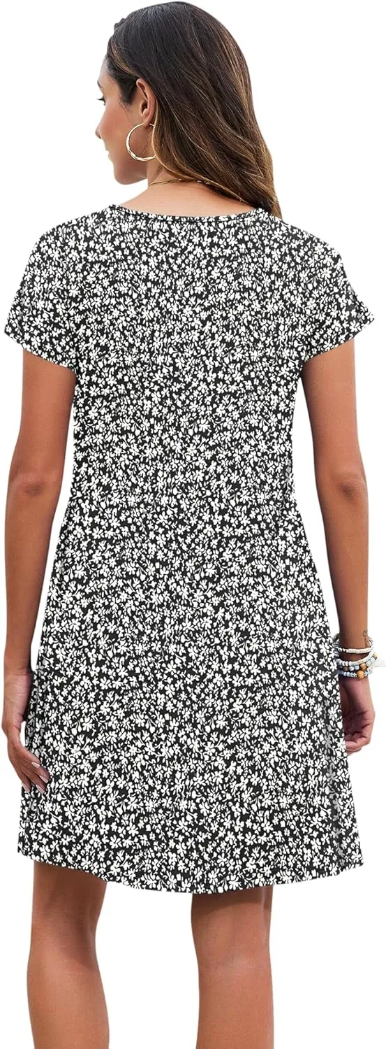 PLOKNRD Women's Casual Dress T-Shirt Summer Short Sleeve V Neck Chest Pleats Swing Dresses with Pockets 2025