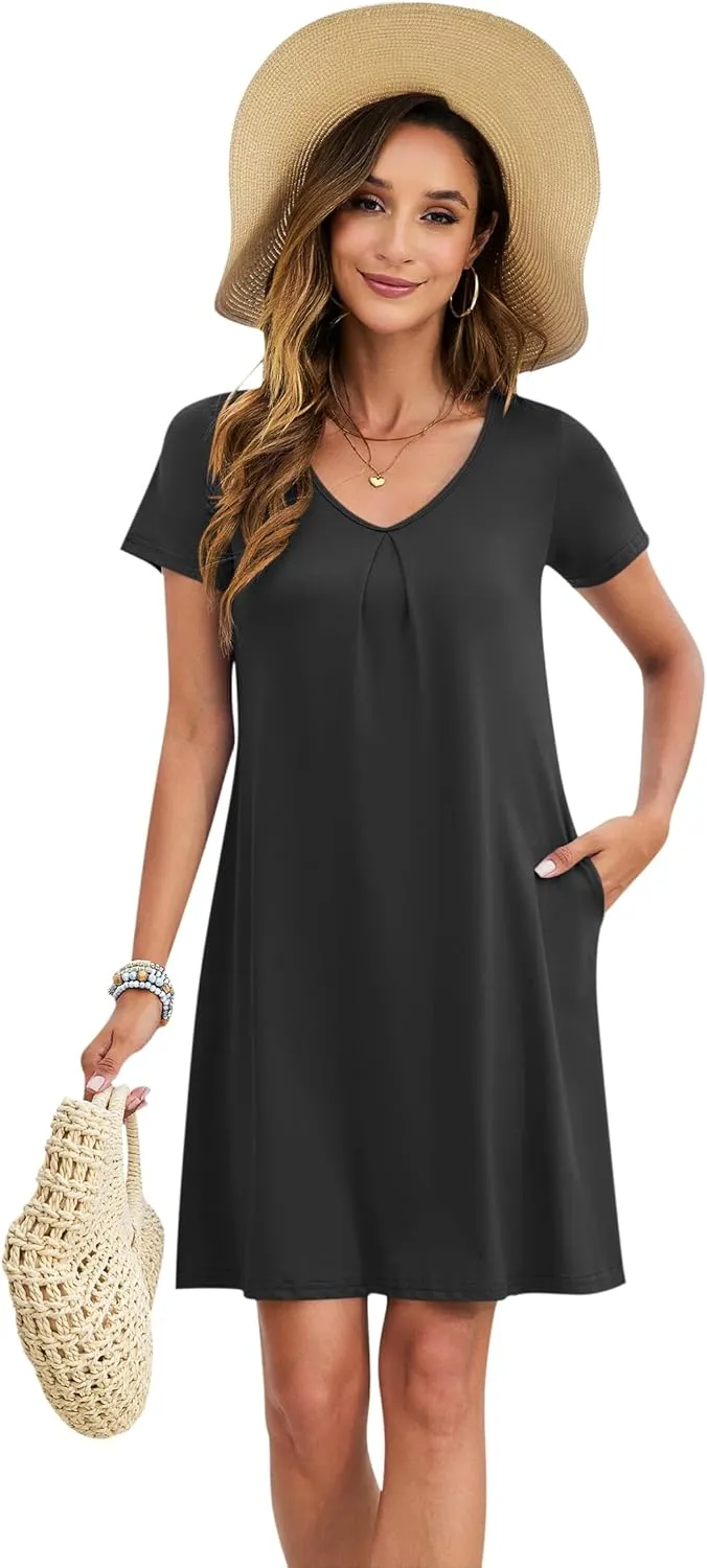 PLOKNRD Women's Casual Dress T-Shirt Summer Short Sleeve V Neck Chest Pleats Swing Dresses with Pockets 2025