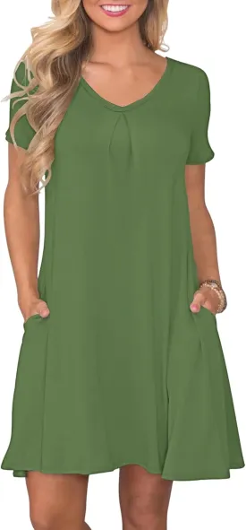 PLOKNRD Women's Casual Dress T-Shirt Summer Short Sleeve V Neck Chest Pleats Swing Dresses with Pockets 2025