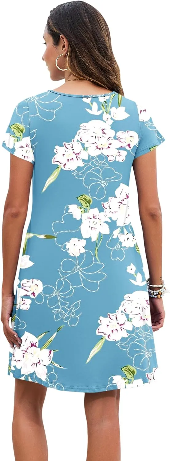 PLOKNRD Women's Casual Dress T-Shirt Summer Short Sleeve V Neck Chest Pleats Swing Dresses with Pockets 2025