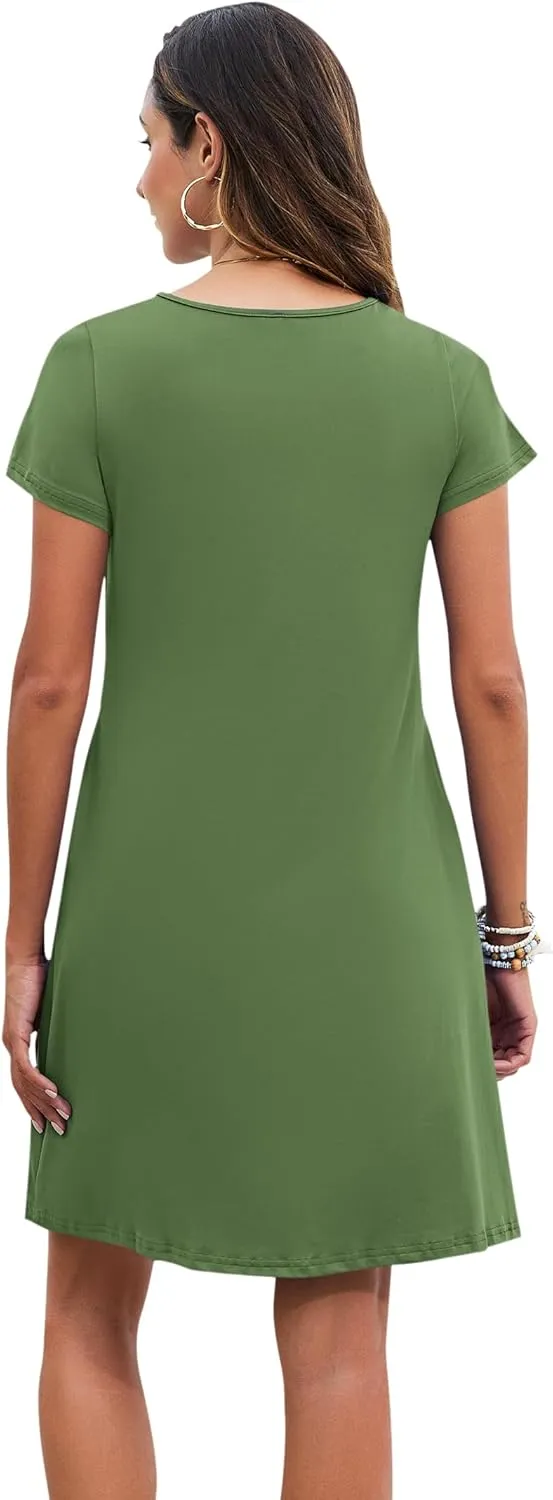 PLOKNRD Women's Casual Dress T-Shirt Summer Short Sleeve V Neck Chest Pleats Swing Dresses with Pockets 2025