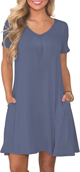 PLOKNRD Women's Casual Dress T-Shirt Summer Short Sleeve V Neck Chest Pleats Swing Dresses with Pockets 2025
