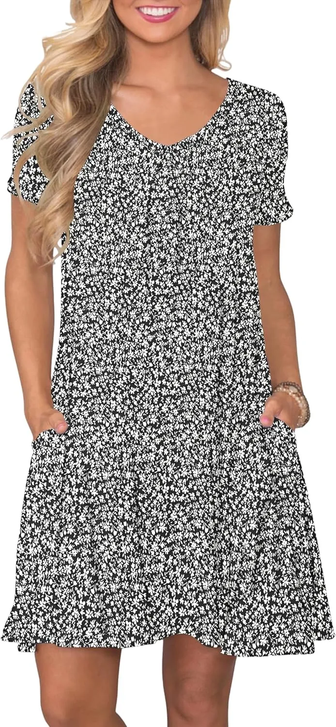 PLOKNRD Women's Casual Dress T-Shirt Summer Short Sleeve V Neck Chest Pleats Swing Dresses with Pockets 2025