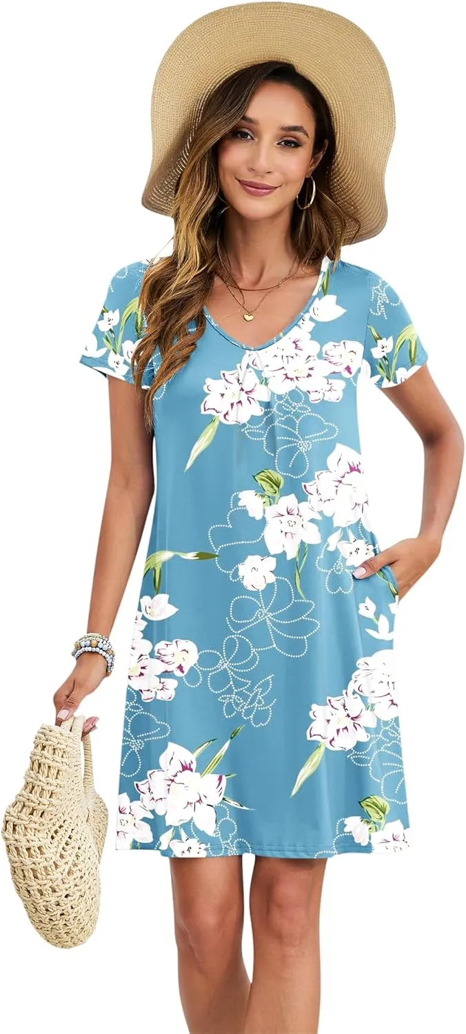 PLOKNRD Women's Casual Dress T-Shirt Summer Short Sleeve V Neck Chest Pleats Swing Dresses with Pockets 2025