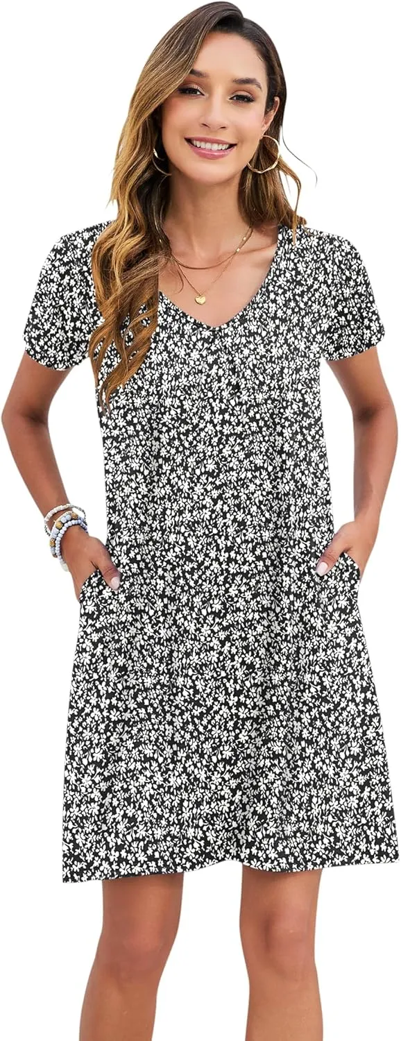 PLOKNRD Women's Casual Dress T-Shirt Summer Short Sleeve V Neck Chest Pleats Swing Dresses with Pockets 2025