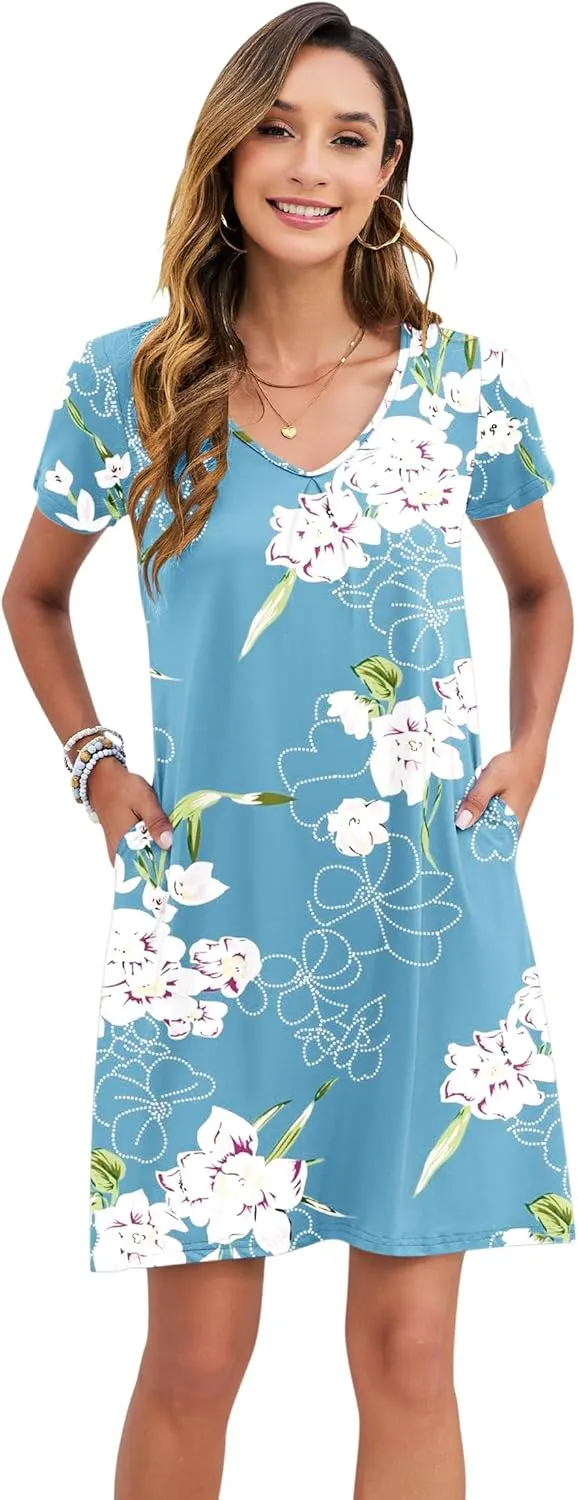 PLOKNRD Women's Casual Dress T-Shirt Summer Short Sleeve V Neck Chest Pleats Swing Dresses with Pockets 2025