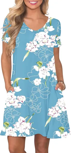 PLOKNRD Women's Casual Dress T-Shirt Summer Short Sleeve V Neck Chest Pleats Swing Dresses with Pockets 2025
