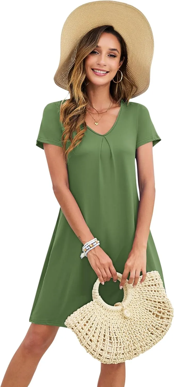 PLOKNRD Women's Casual Dress T-Shirt Summer Short Sleeve V Neck Chest Pleats Swing Dresses with Pockets 2025