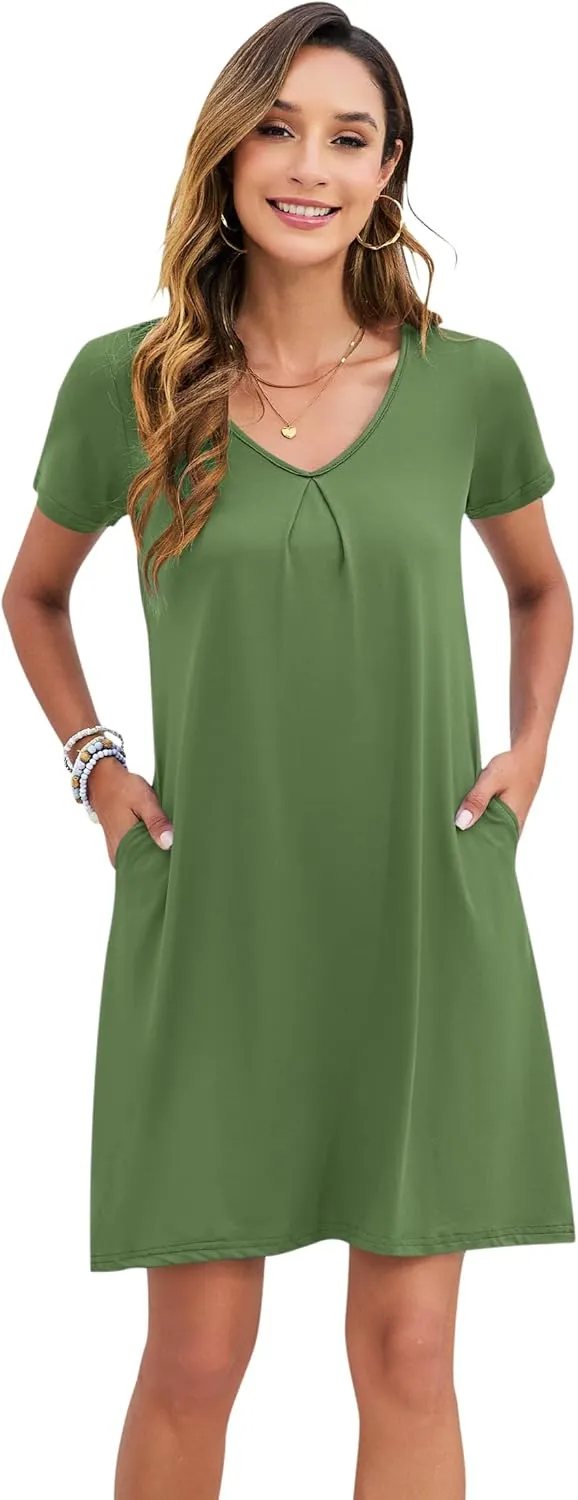 PLOKNRD Women's Casual Dress T-Shirt Summer Short Sleeve V Neck Chest Pleats Swing Dresses with Pockets 2025