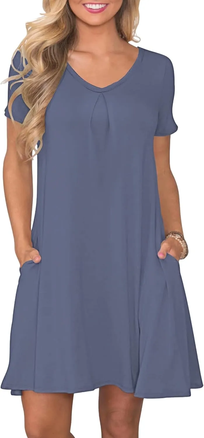 PLOKNRD Women's Casual Dress T-Shirt Summer Short Sleeve V Neck Chest Pleats Swing Dresses with Pockets 2025