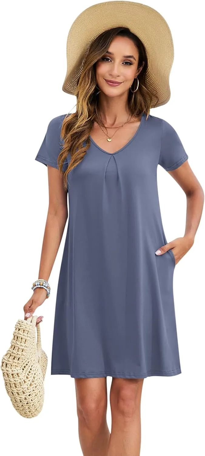 PLOKNRD Women's Casual Dress T-Shirt Summer Short Sleeve V Neck Chest Pleats Swing Dresses with Pockets 2025