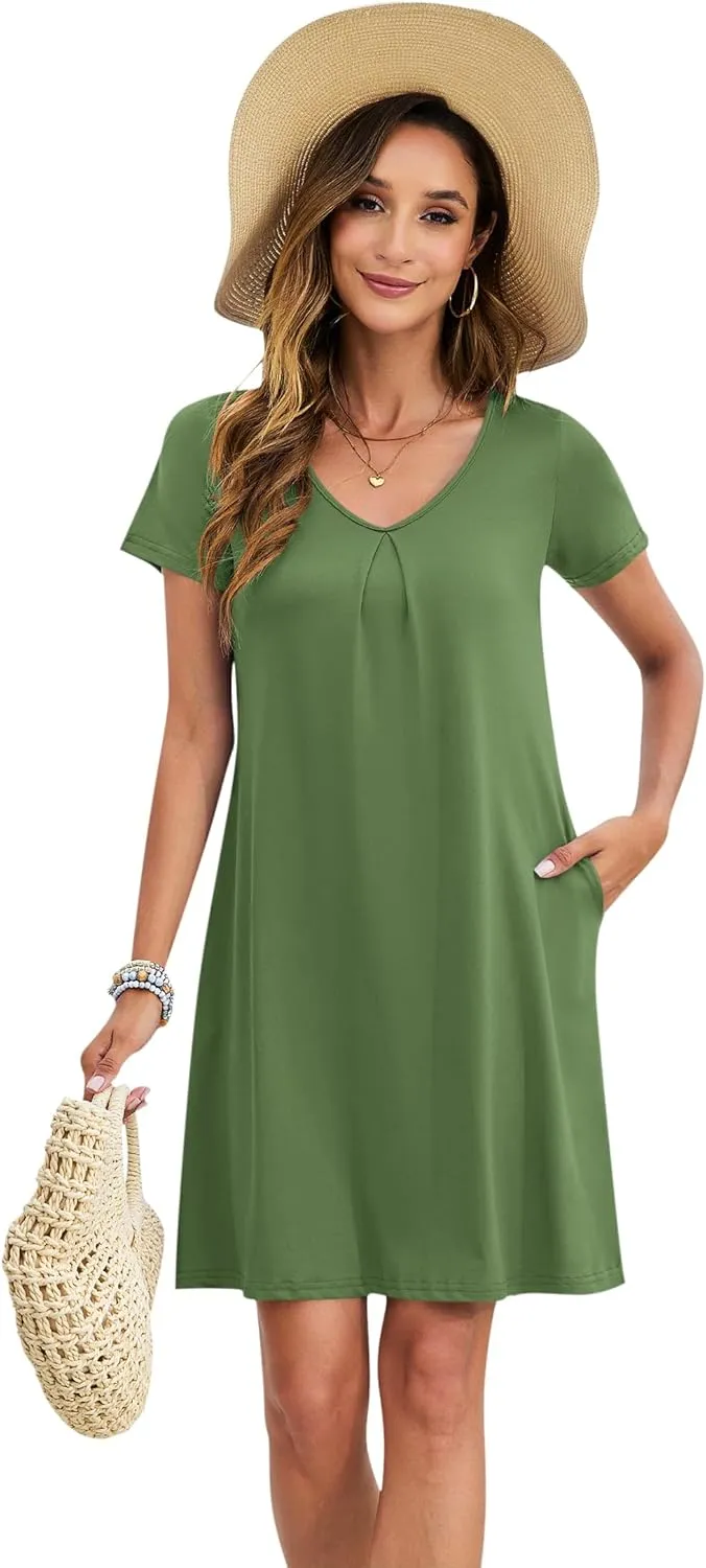 PLOKNRD Women's Casual Dress T-Shirt Summer Short Sleeve V Neck Chest Pleats Swing Dresses with Pockets 2025