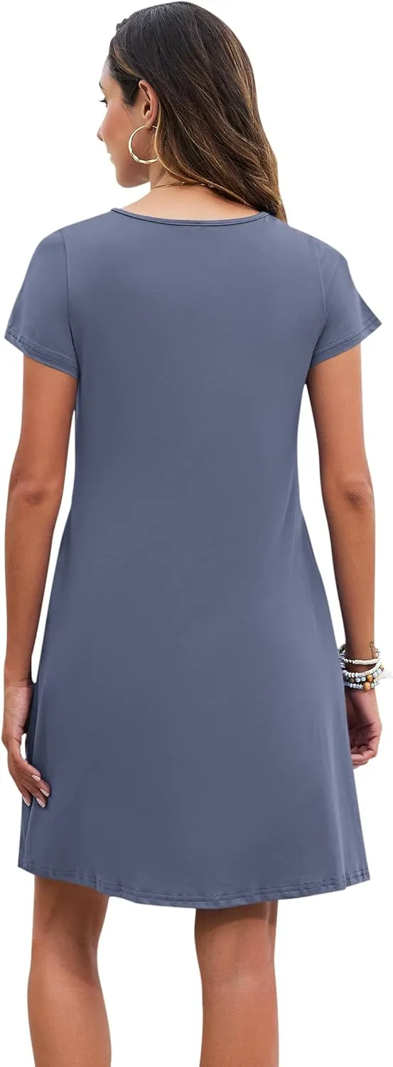 PLOKNRD Women's Casual Dress T-Shirt Summer Short Sleeve V Neck Chest Pleats Swing Dresses with Pockets 2025