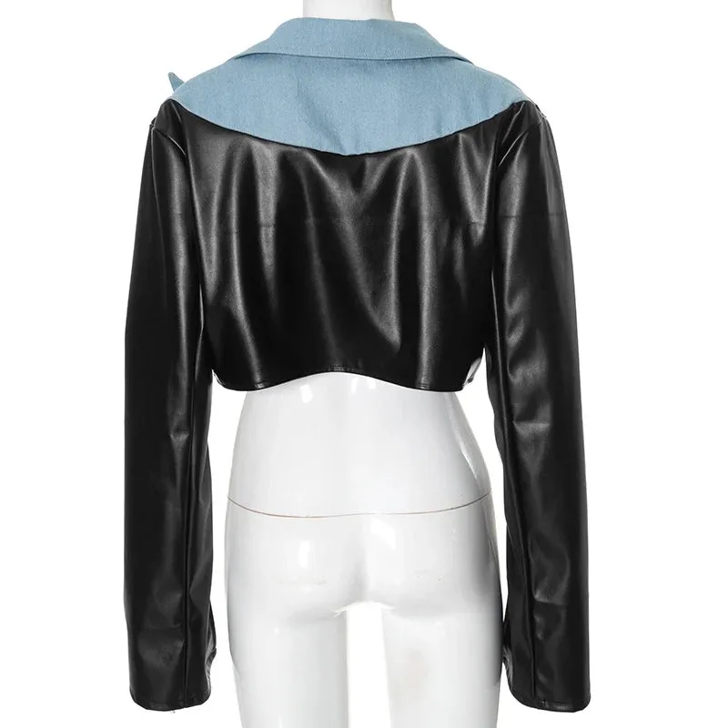 PU Leather Patchwork Denim Crop Jacket – High Street Trendsetter for Women