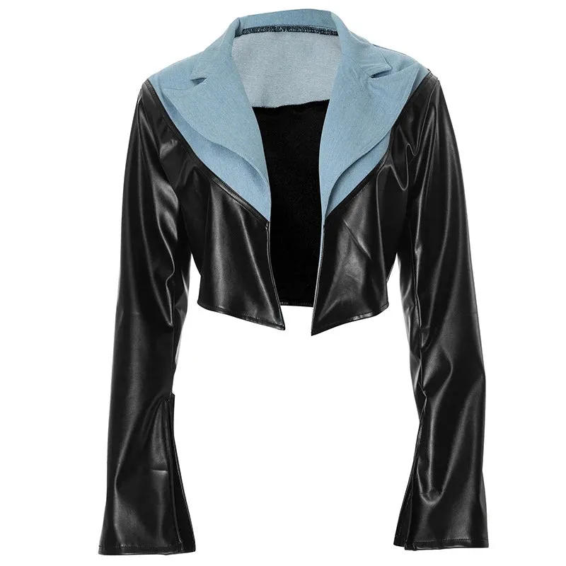 PU Leather Patchwork Denim Crop Jacket – High Street Trendsetter for Women