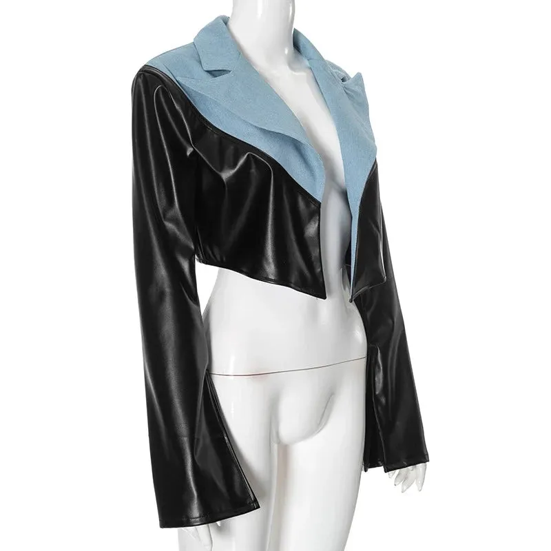 PU Leather Patchwork Denim Crop Jacket – High Street Trendsetter for Women