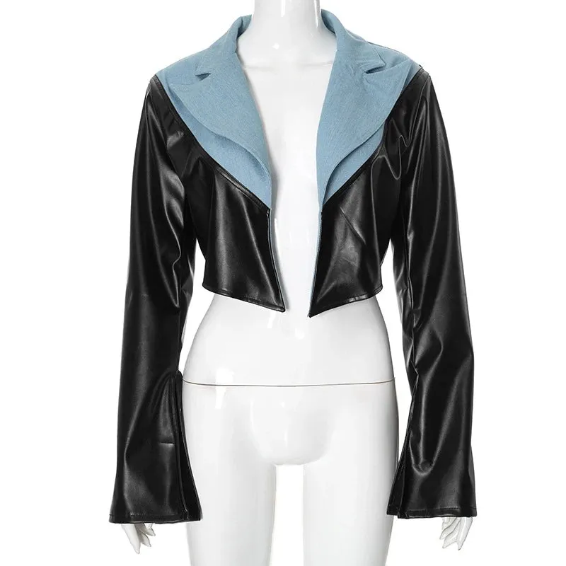PU Leather Patchwork Denim Crop Jacket – High Street Trendsetter for Women