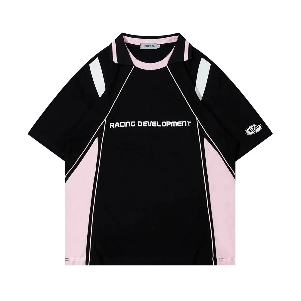 Racing Style Letter Print with Contrast Panels Men's Cotton T-Shirt
