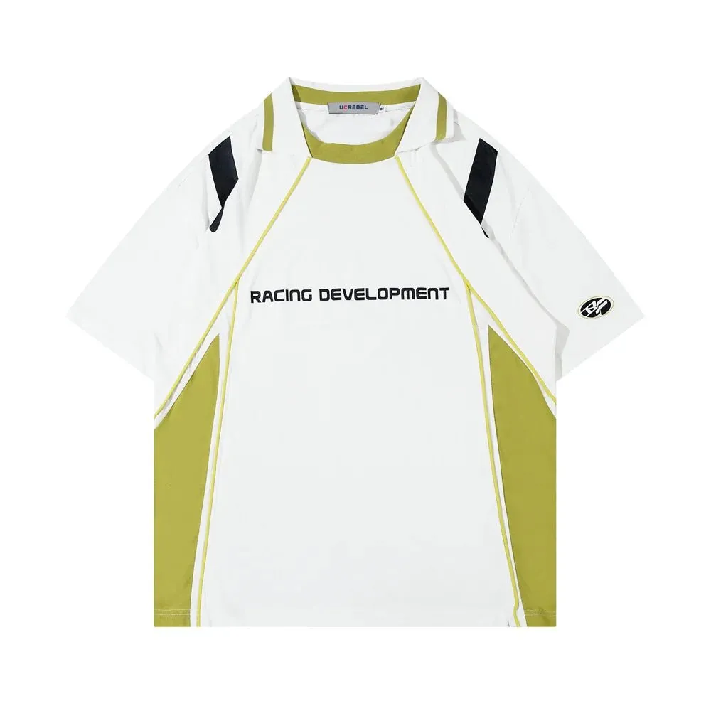 Racing Style Letter Print with Contrast Panels Men's Cotton T-Shirt