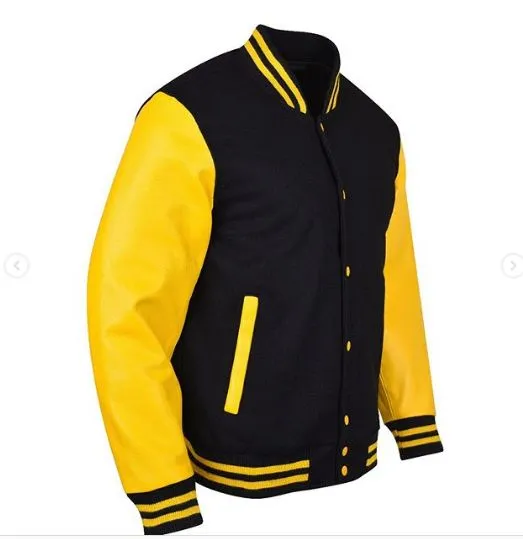 Spine Spark Black Wool Varsity Jacket Yellow Leather Sleeves