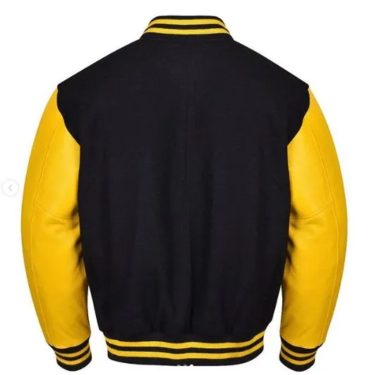 Spine Spark Black Wool Varsity Jacket Yellow Leather Sleeves