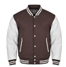 Spine Spark Dark Brown Wool Varsity Jacket White Leather Sleeves