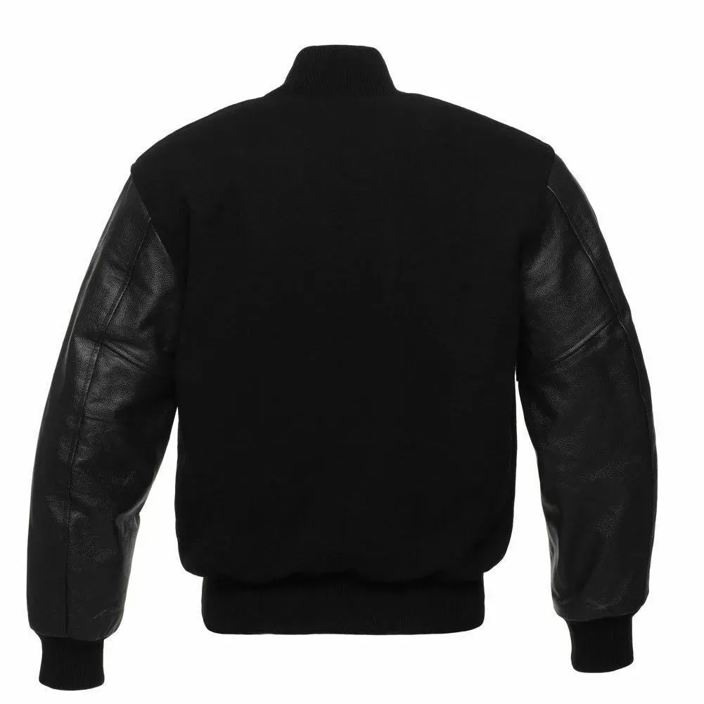 Spine Spark Full Black Wool Leather Varsity Letterman Jacket
