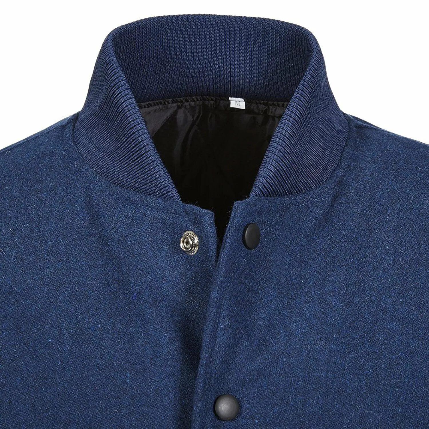 Spine Spark Navy Blue Wool Varsity Jacket Black Leather Sleeves