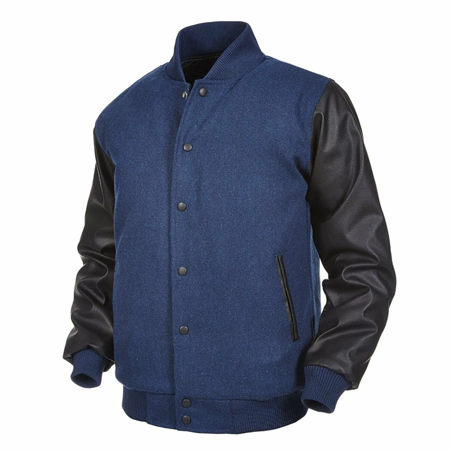 Spine Spark Navy Blue Wool Varsity Jacket Black Leather Sleeves