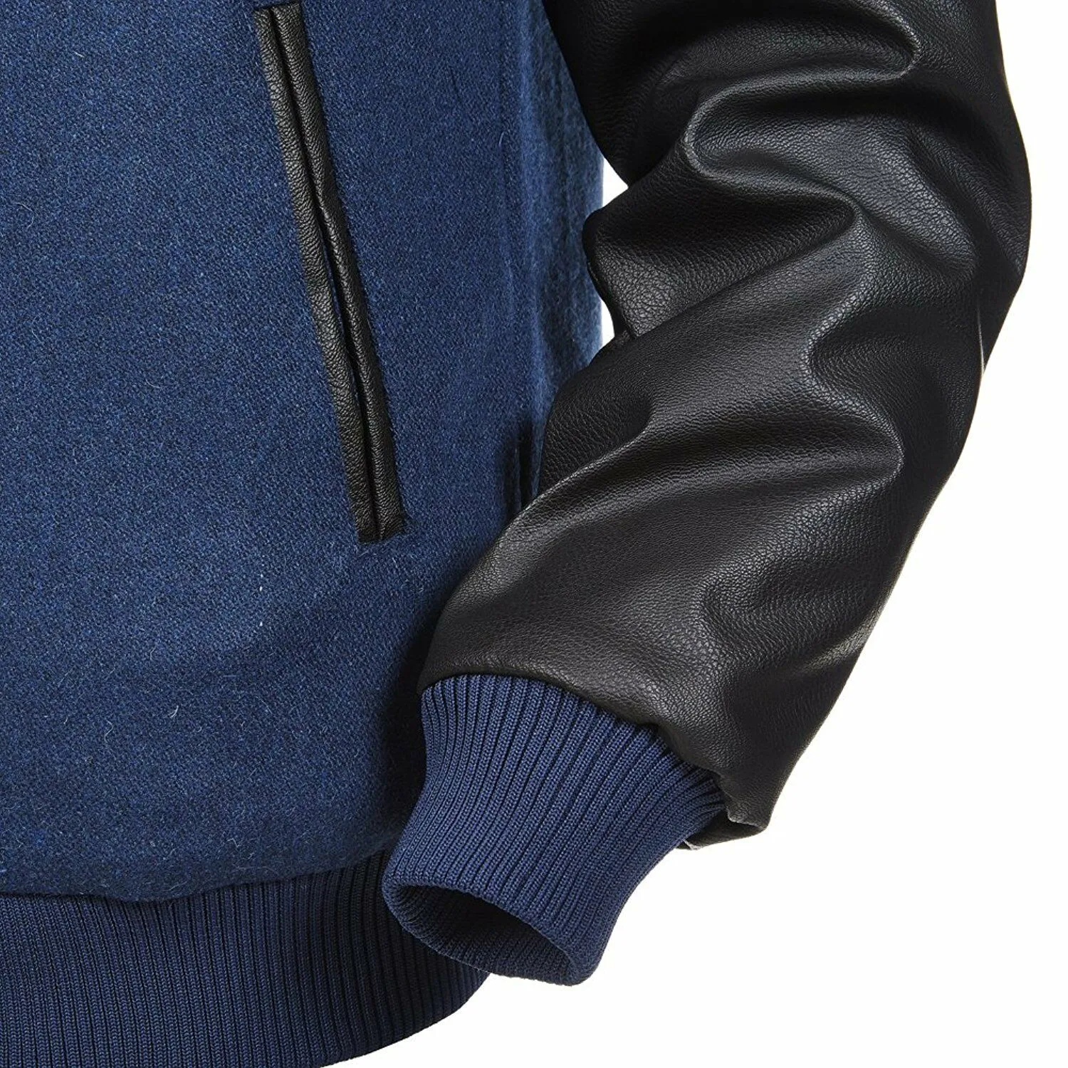 Spine Spark Navy Blue Wool Varsity Jacket Black Leather Sleeves