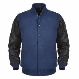 Spine Spark Navy Blue Wool Varsity Jacket Black Leather Sleeves