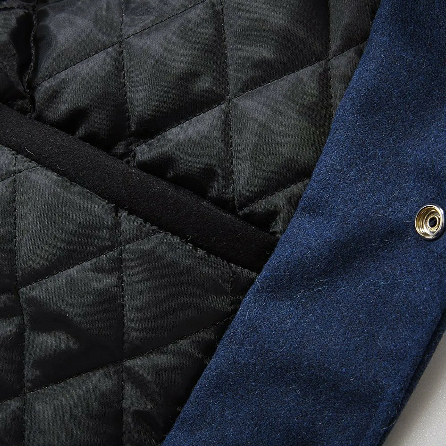 Spine Spark Navy Blue Wool Varsity Jacket Black Leather Sleeves