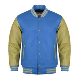Spine Spark Sky Blue Wool Varsity Jacket Dark Cream Leather Sleeves