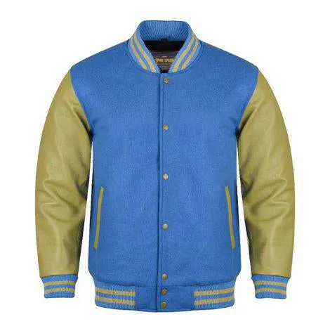 Spine Spark Sky Blue Wool Varsity Jacket Dark Cream Leather Sleeves