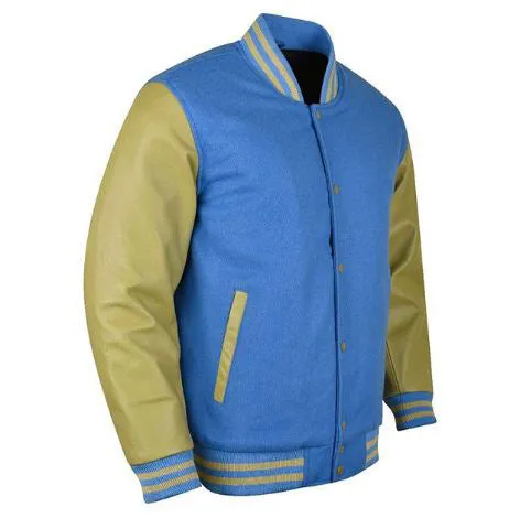 Spine Spark Sky Blue Wool Varsity Jacket Dark Cream Leather Sleeves