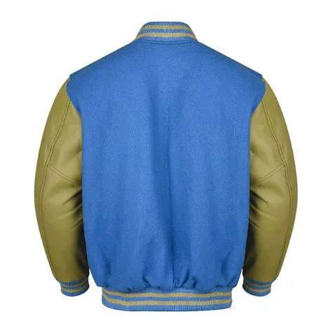 Spine Spark Sky Blue Wool Varsity Jacket Dark Cream Leather Sleeves