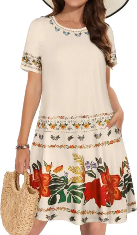 Summer Dresses for Women Casual Tshirt Short Sleeve Floral Sundress Beach Cover Ups with Pockets