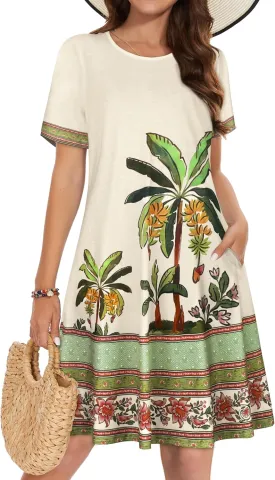 Summer Dresses for Women Casual Tshirt Short Sleeve Floral Sundress Beach Cover Ups with Pockets